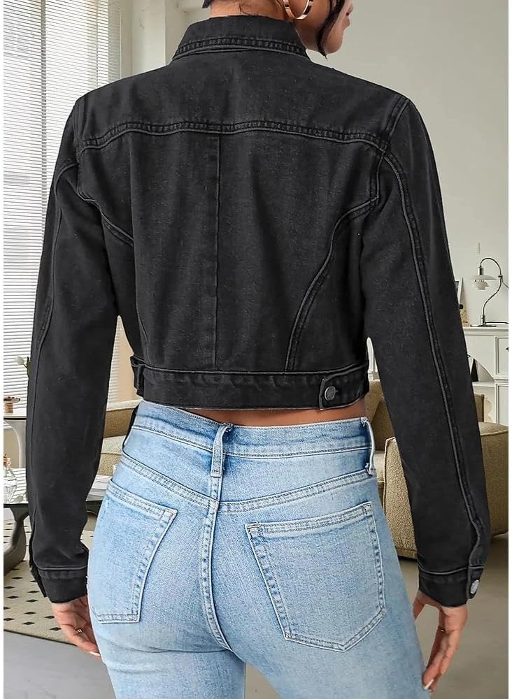 Women's Cropped Denim Jean Jacket Button Down Frayed Washed Long Sleeve Casual Jacket Coats - Image 6