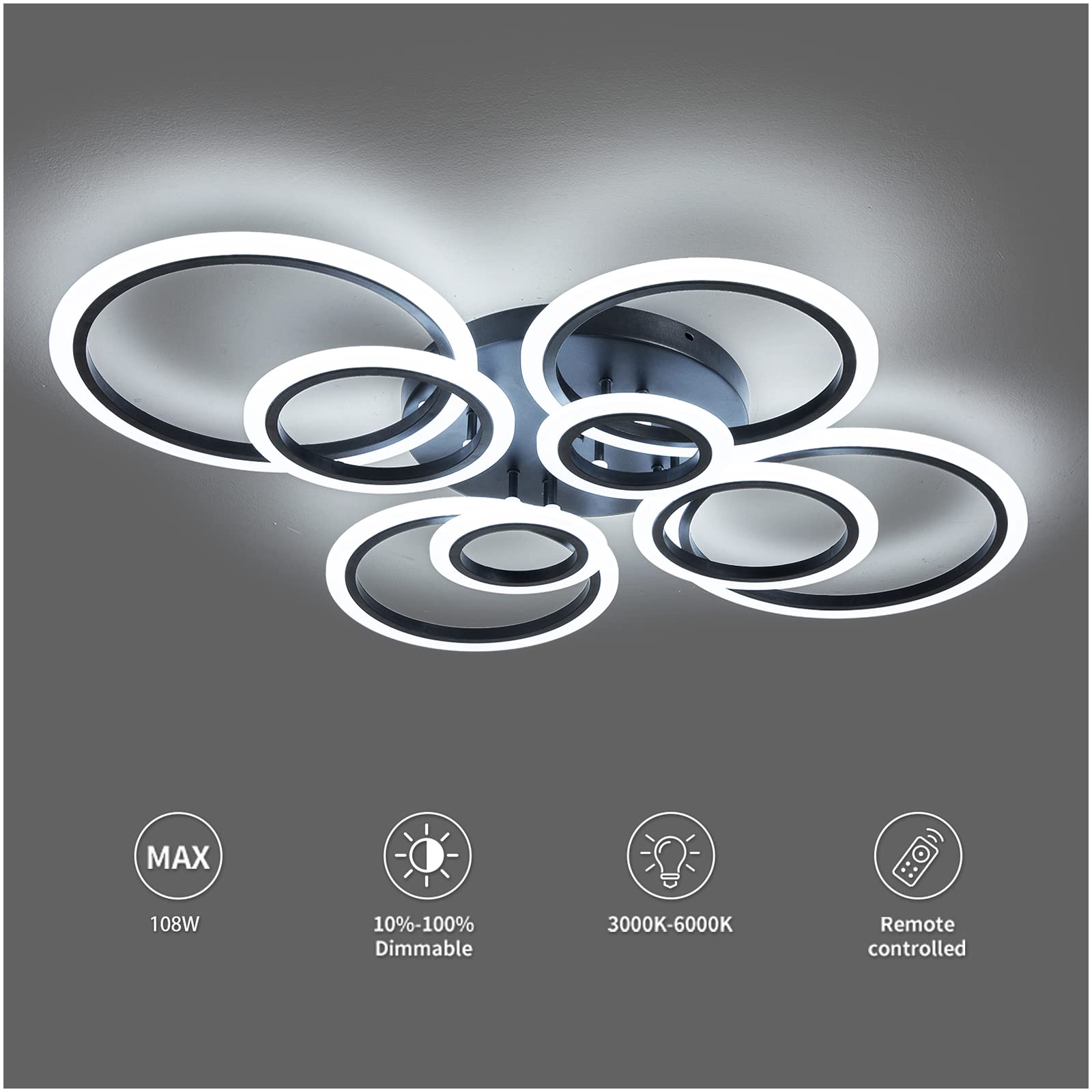 Shine LUEST 41.3'' Dimmable Modern Ceiling Light LED Chandelier Black Flush Mount Ceiling Lights with Remote Acrylic Round Ceiling Lamp Fixture for Low Ceiling Bedroom Living Room Dining Room, 108W