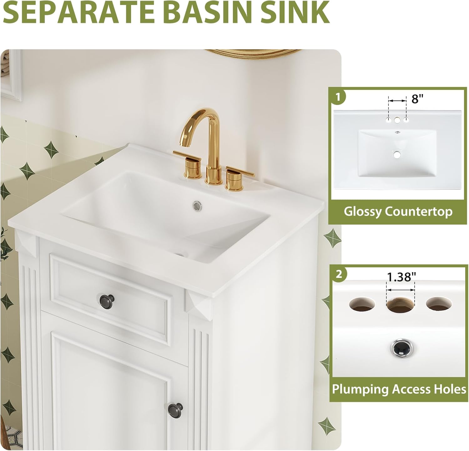 Sweetcrispy 18" Bathroom Vanity with Sink, Bathroom Storage Vanity Sink Cabinet with 1 Door, Farmhouse Wooden Free Standing Bathroom Cabinet with Sink, Easy Assembly, NO Mirror&Facuet, (Snowy White)