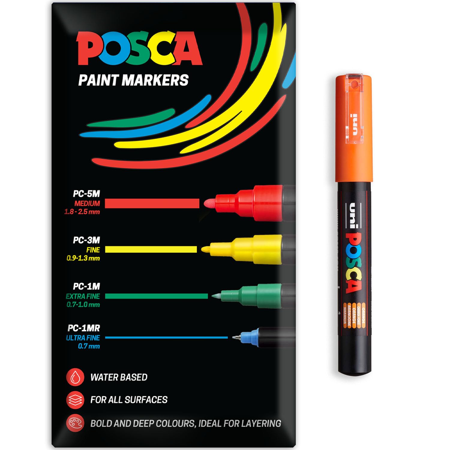Posca Water Based Acrylic Paint Marker Pens | Multi Surface Use Permanent Paint Pen | Pack of 1 in Envelope Gift Packaging | Glass, Fabric, Canvas, Wood etc | PC-1M, Orange