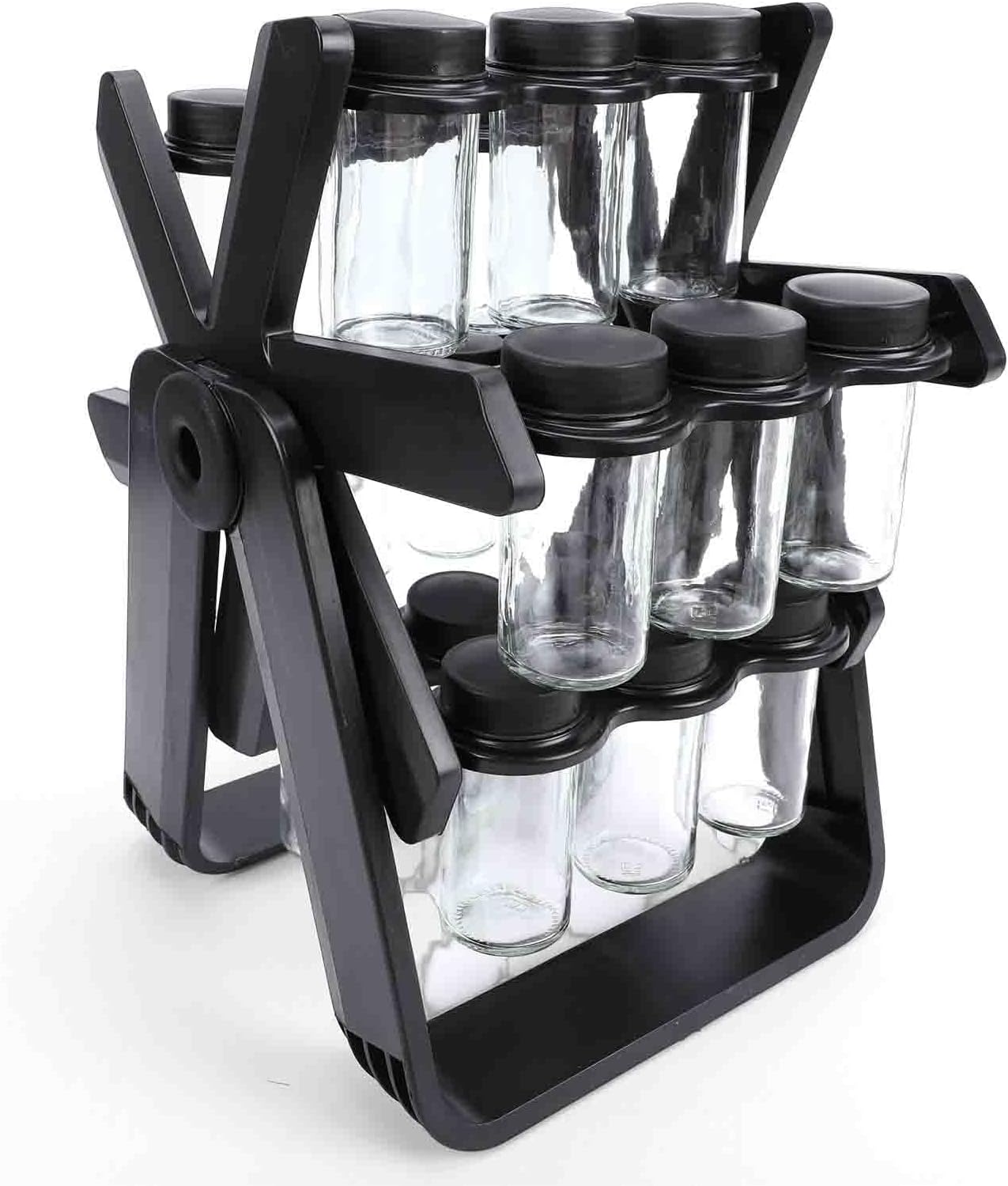 Rotating Condiment Rack Organizer, 18 Jar Glass Condiment Carousel Revolving Rack with Labels and Collapsible Funnel for Kitchen Countertop