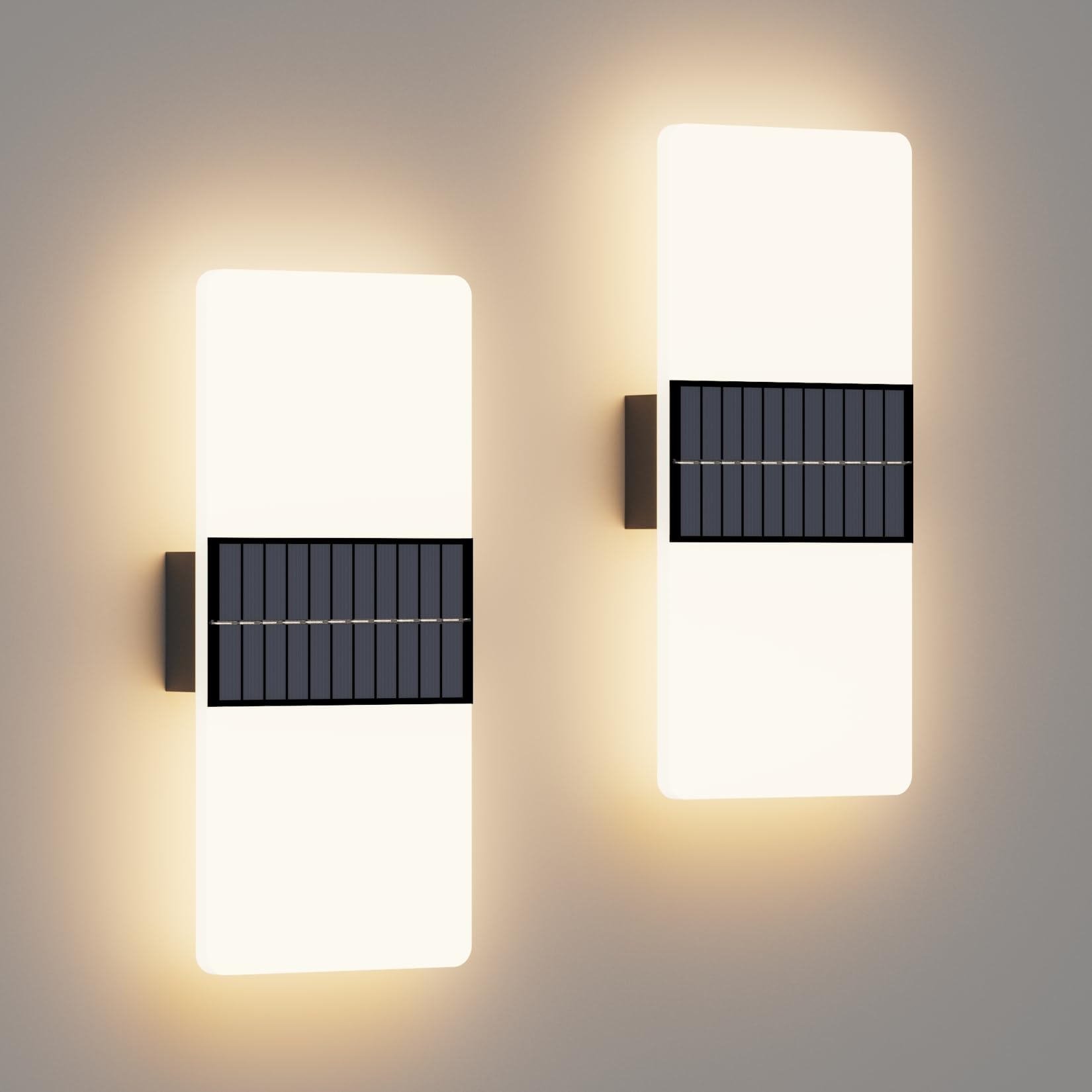 Coinmit 2 pezzi LED Solar Applique, Lampada da parete senza fili 3000K, Applique da parete a batteria IP44, Lampada da parete per esterni in acrilico per patio, balcone