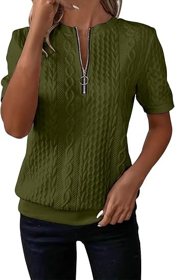 Womens Half Zip Cable Knit T-Shirts Short Sleeve Round Neck Textured Pullover Tops Spring Summer Casual Daily Wear