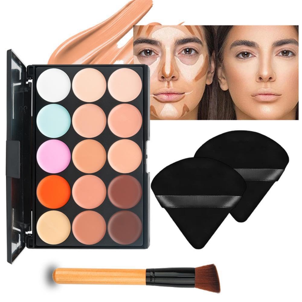 15 Colors Concealer Contour Palette, with Makeup Brush & Triangle powder puff, Face Correcting Contour Highlight Blush Cream for Blemish Dark Spot, for All Skin Tones,#03