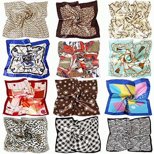 BMC 12pc Women's Silky Scarf Square Mixed Animal Patterns & Colors Fashion Accessory Set - Animal Abstract Pack