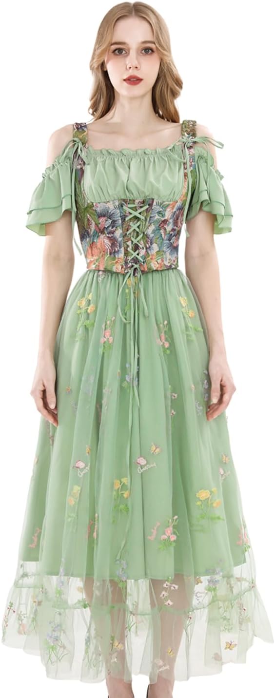 NSPSTT Renaissance Dress Women Victorian Fairy Costume Flowy Floral Dresses Medieval Corset Outfit 2 Pieces