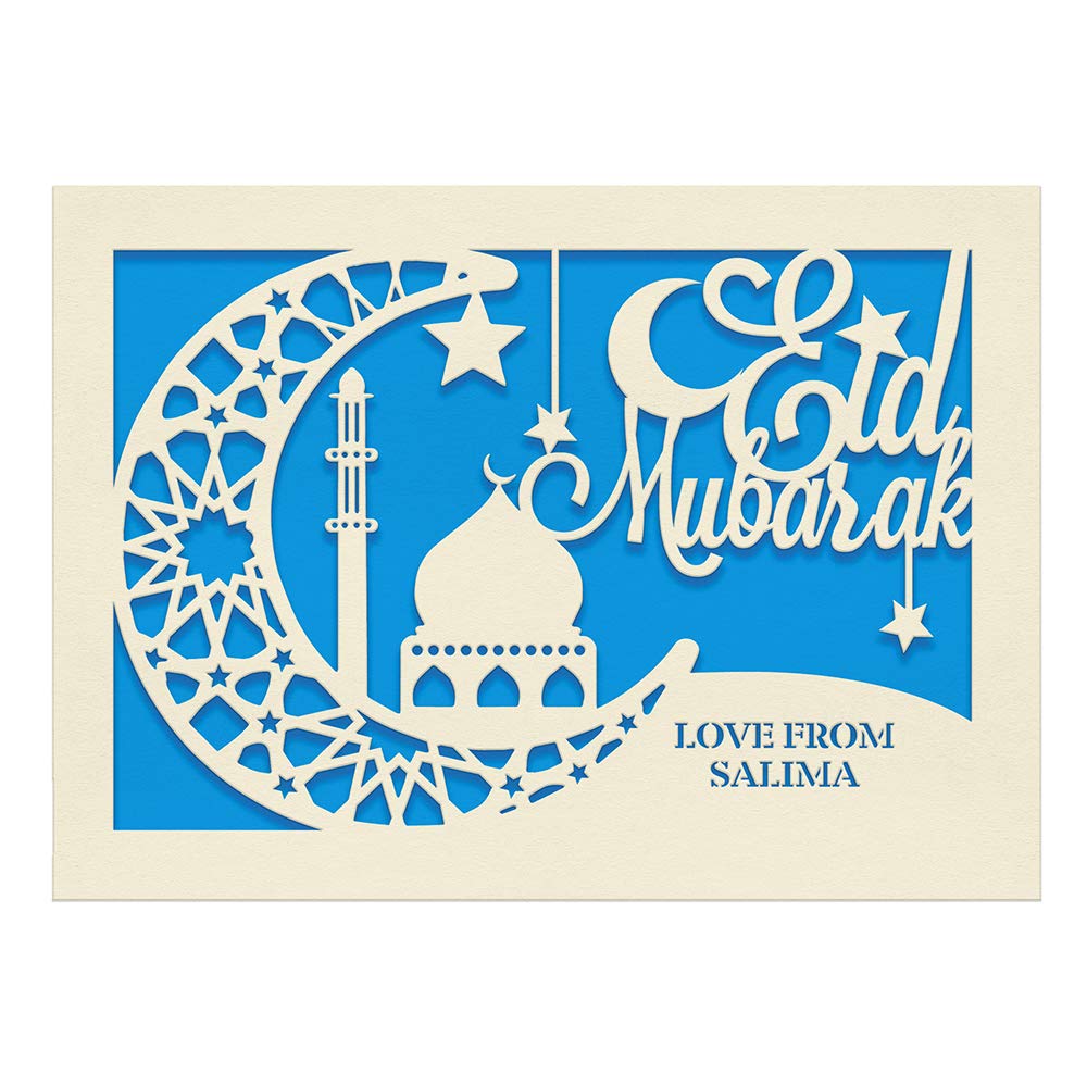 EDSG Eid Mubarak Card Personalized for Muslim Kids Islamic Gift for Ramadan Mubarak Hajj Kareem Custom Cards for Her Women Boys Daughter Mum Wife Friend with Crescent Moon (Blue)