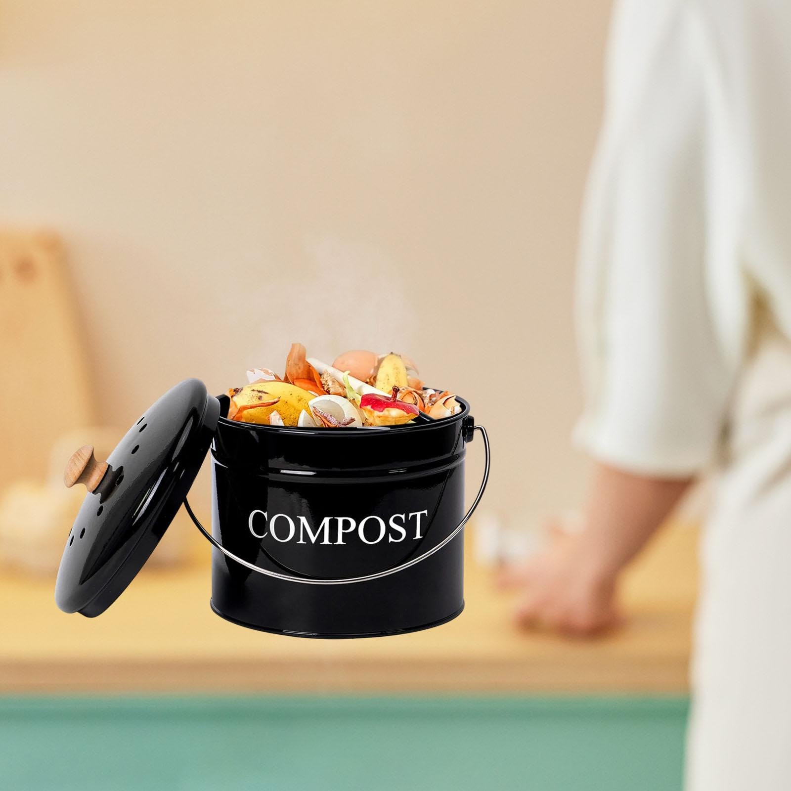 Composteur En Métal pour Cuisine, Poubelle écologique avec Poignée de Transport, Sans Odeur, Idéal pour La Maison, Noir