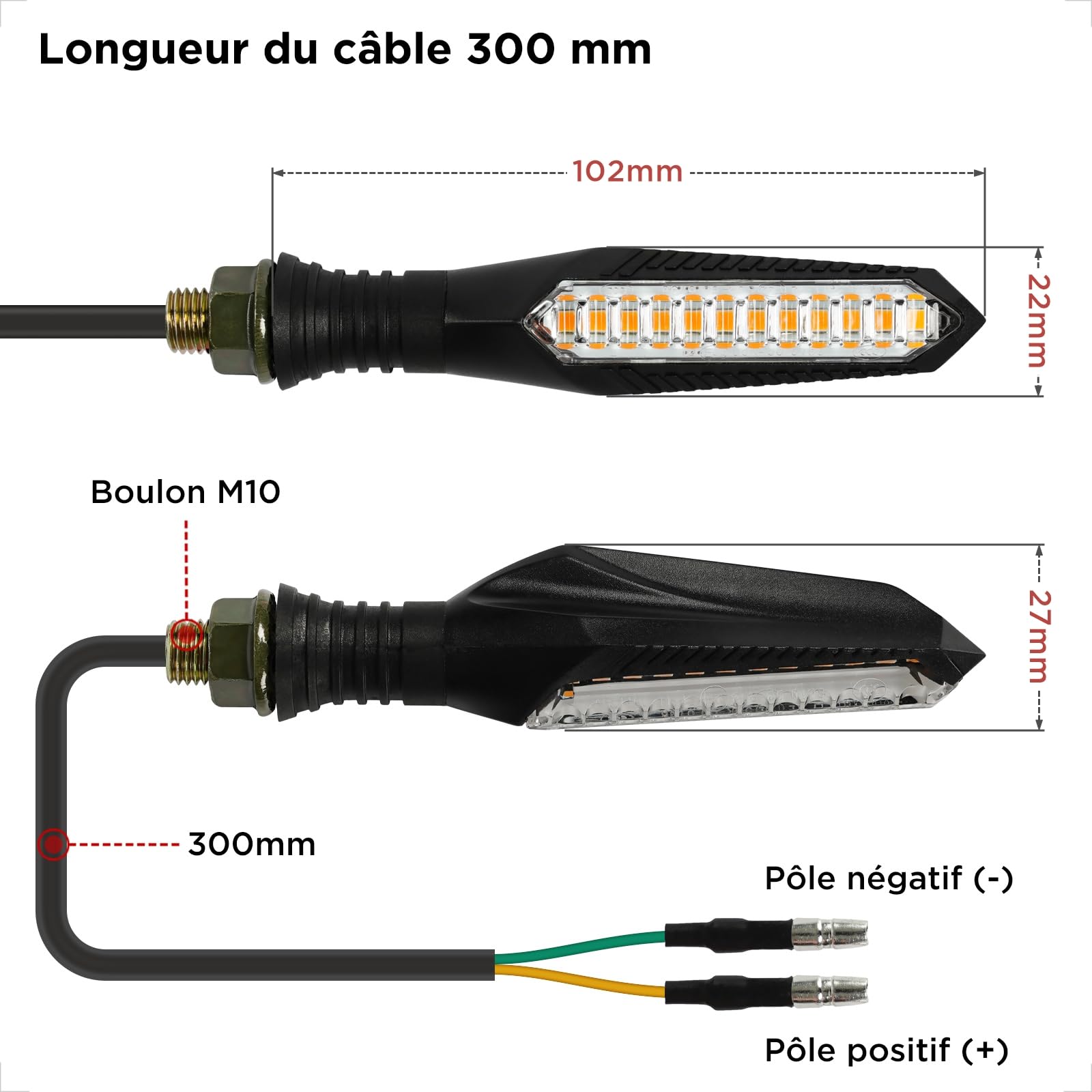evermotor 2 Pièces Clignotant Moto LED Séquentiel E32 Homologué Universels 12V Indicateurs de Moto Flowing Mode, Étanche, Haute Luminosité | IP67 Etanche Longueur Câble 300mm Moto Scooter