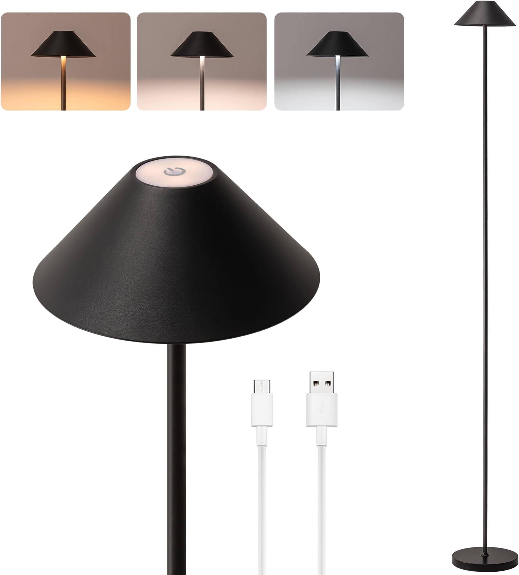 Rechargeable Floor Lamp for Indoor/Outdoor, Cordless Tall Standing Lamp with 3 Color Temps & Dimmable, IP43 Waterproof, Adjustable Height 16-59 Inch, LED Floor Lamp for Living Room, Patio(Black)