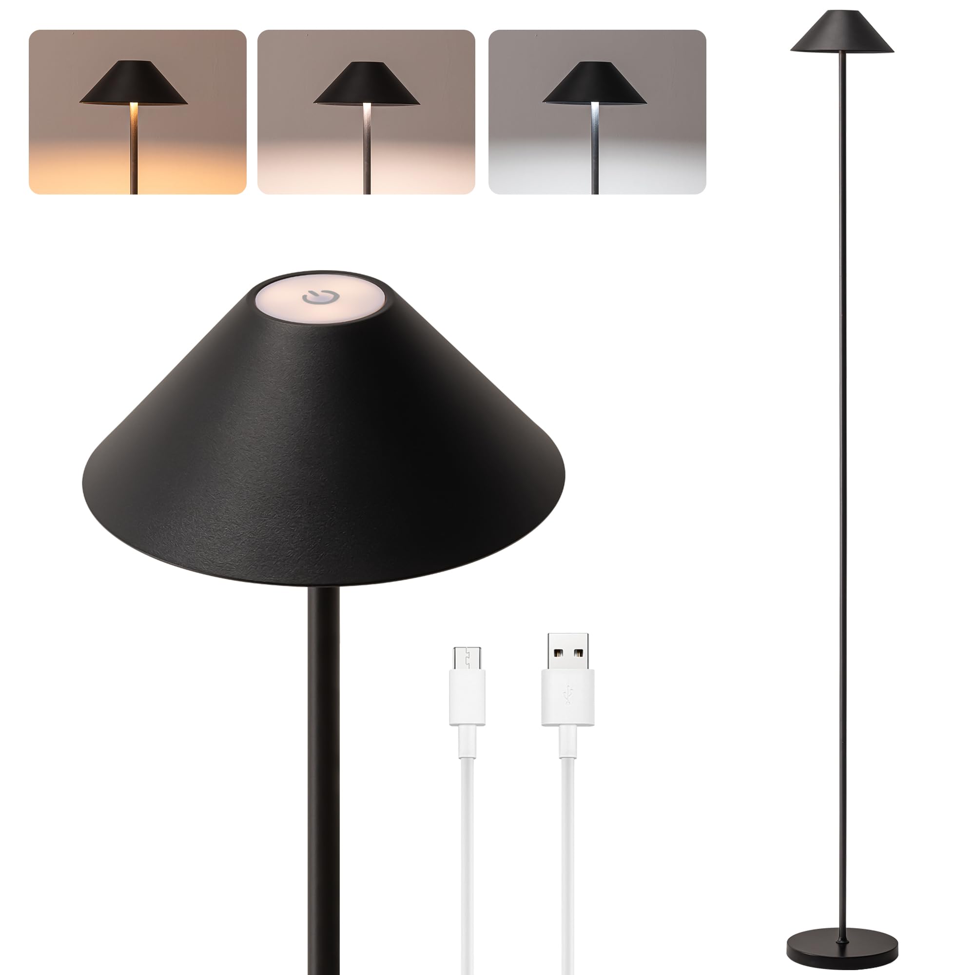 Rechargeable Floor Lamp for Indoor/Outdoor, Cordless Tall Standing Lamp with 3 Color Temps & Dimmable, IP43 Waterproof, Adjustable Height 16-59 Inch, LED Floor Lamp for Living Room, Bedroom, Patio
