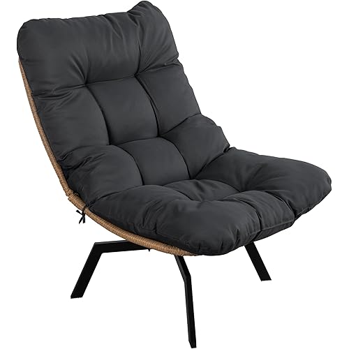 Vongrasig 360 Degree Swivel Wicker Accent Chair, Modern Soft Thick Cushion Rattan Lounge Chair, High Capacity Steel Frame, Comfy Corner Reading Chair for Living Room, Bedroom, Dorm Rooms (Black)