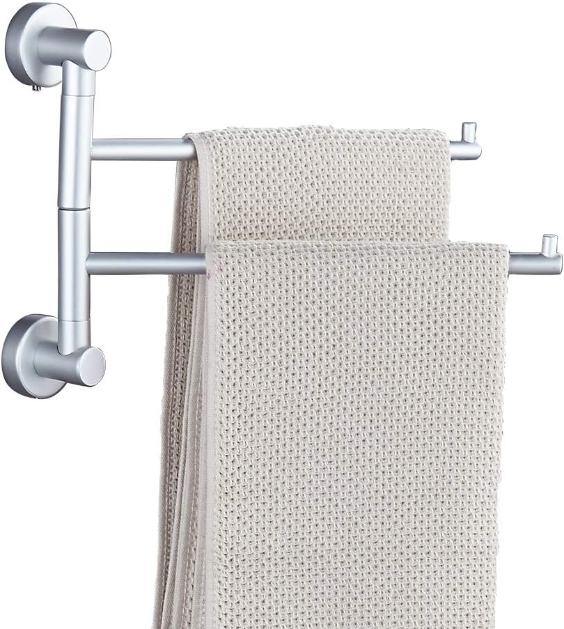 SOQO Bath Towel Holder Wall Mounted Swing Out Towel Bar Bathroom Aluminum Hand Towel Rack 2-Bar Folding Arm Swivel Hanger (Aluminum, 2 Bars)