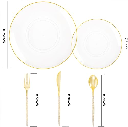 Vista 15 de Liacere 150 platos de plástico azul – cubiertos de plástico dorado con mango azul – Los platos desechables azul marino incluyen 30 platos