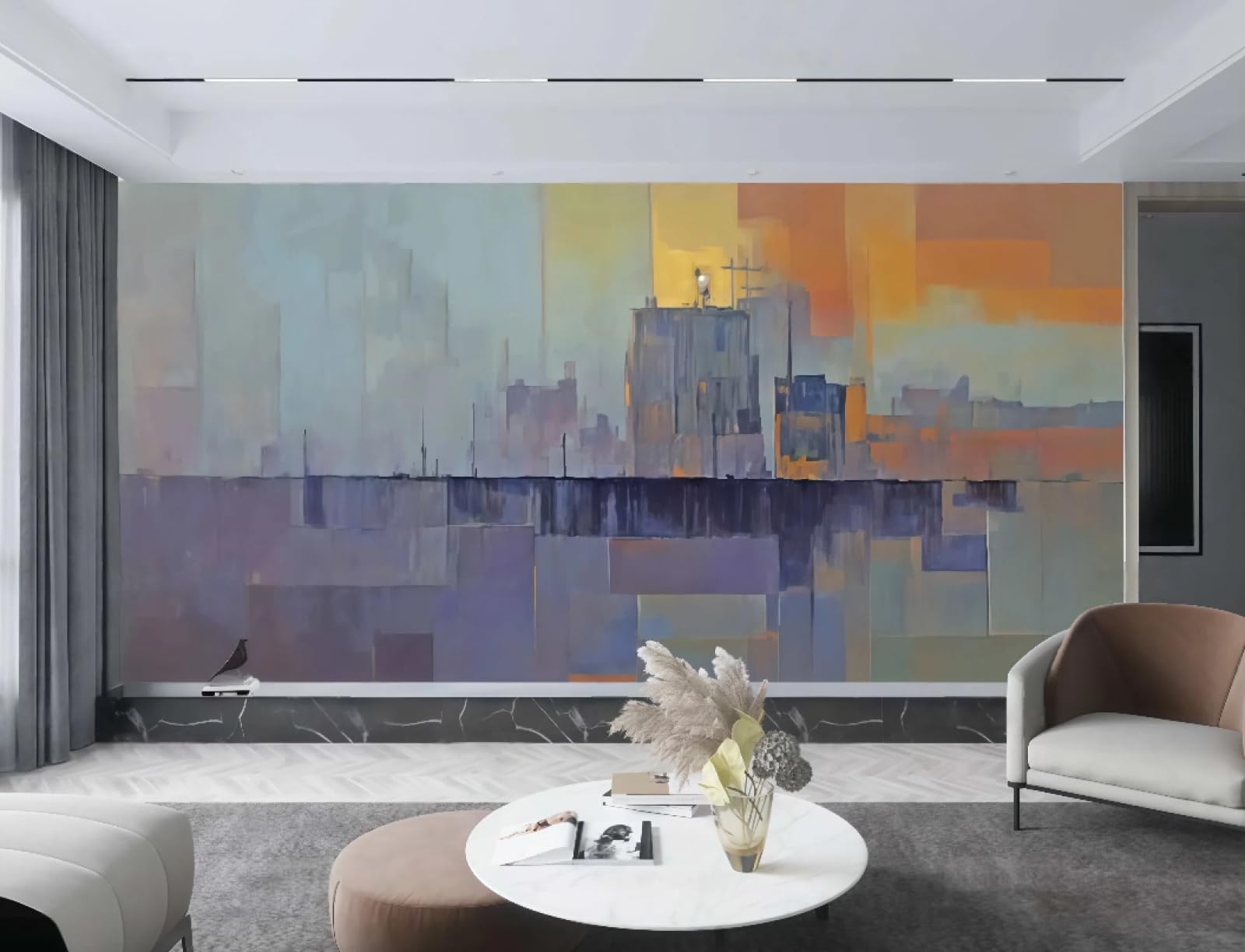 Papier peint ville orange moderne 3D paysage urbain grand format trompe l'oeil pour salon