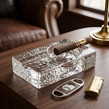 Deconox Bore Model El Yapımı Cam Puro Küllüğü - Şeffaf Dikdörtgen Lüks Puro Tablası ve Kül Haznesi (17.5x10x4.5 cm)
