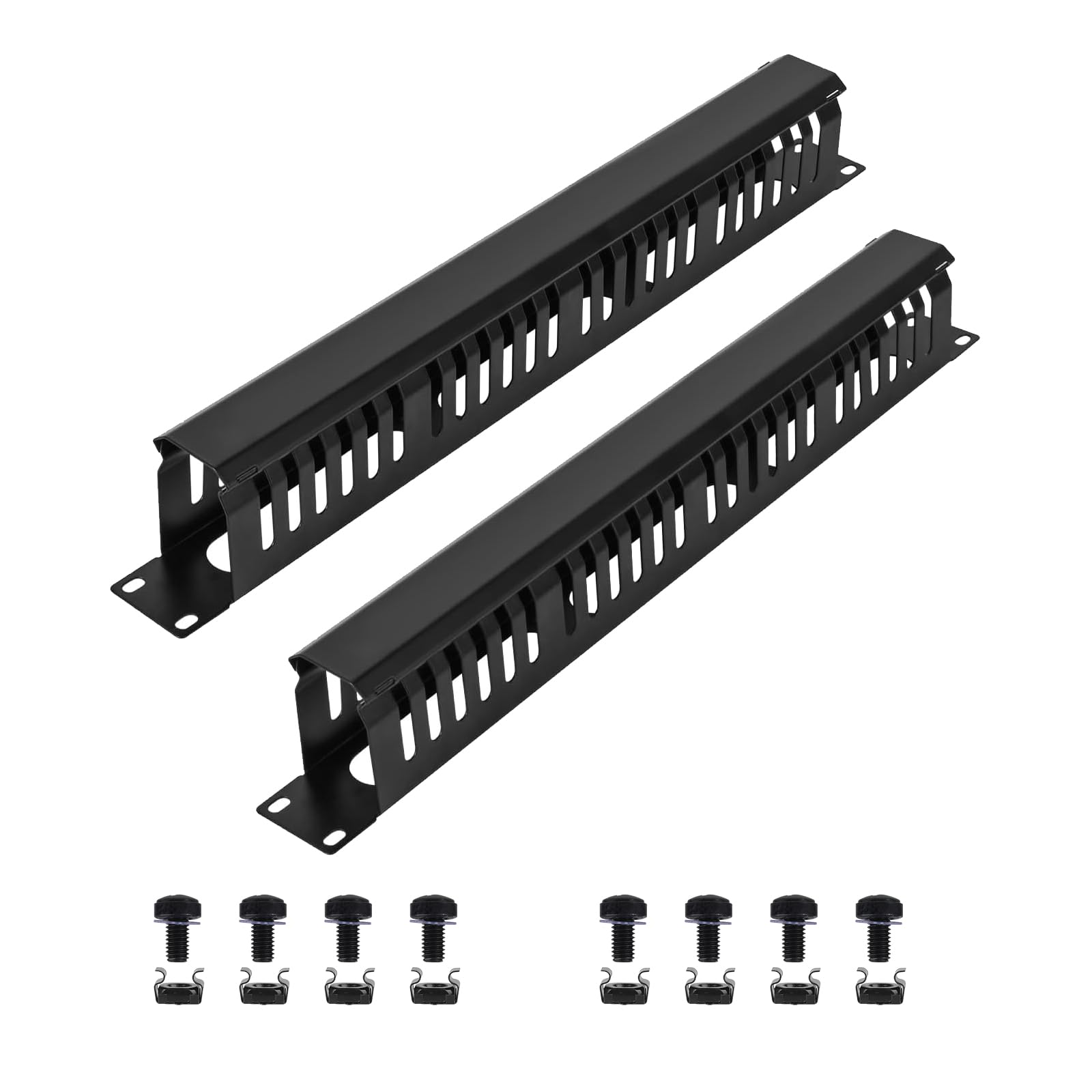 Cable Manager 1U Rack Mount, 19 Inch Horizontal 24 Slot Metal Finger Duct with Cover - 2 Pack for Server Racks, Black