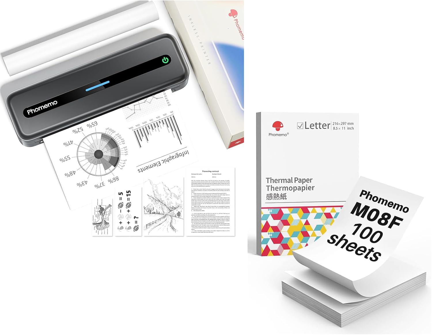 Phomemo M832 Bluetooth Inkless Portable Printers & 100 Sheets Folded Thermal Paper 8.5 x 11 Inch, Wireless for Travel