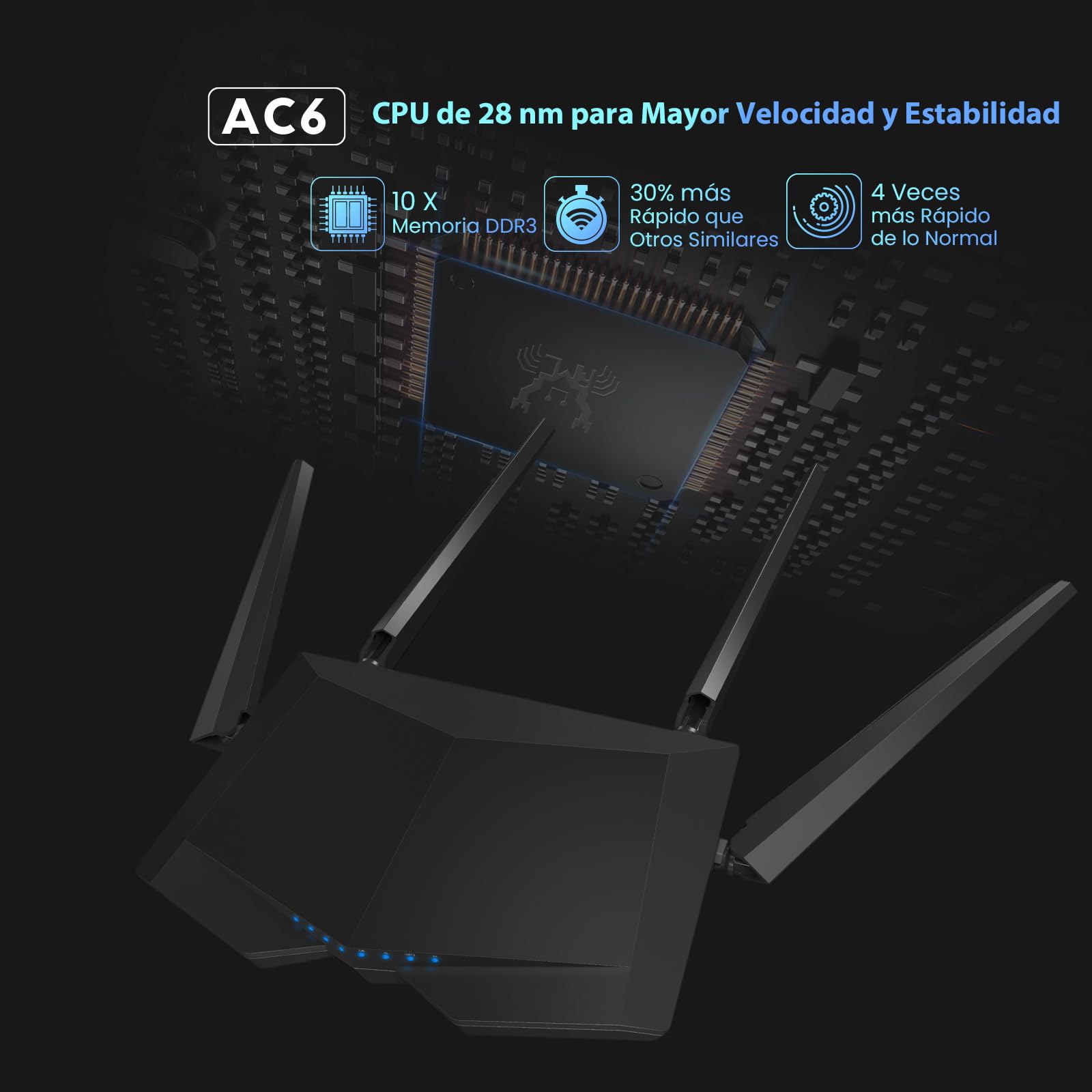 Tenda AC6 Router Inalámbrico Inteligente de Doble Banda (AC1200, 4 Puertos Megabit, WiFi Inteligente, Ahorro de Energía, 4x 5dBi HG Antenas), Color negro