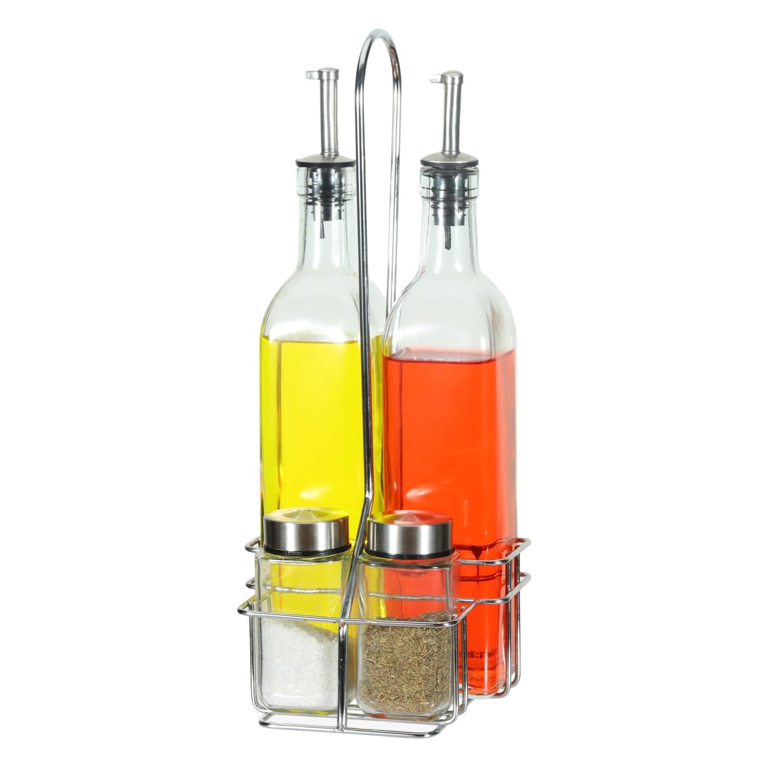 Set de vinagreras de cristal premium DRW de 4 piezas con soporte de acero de 34 cm