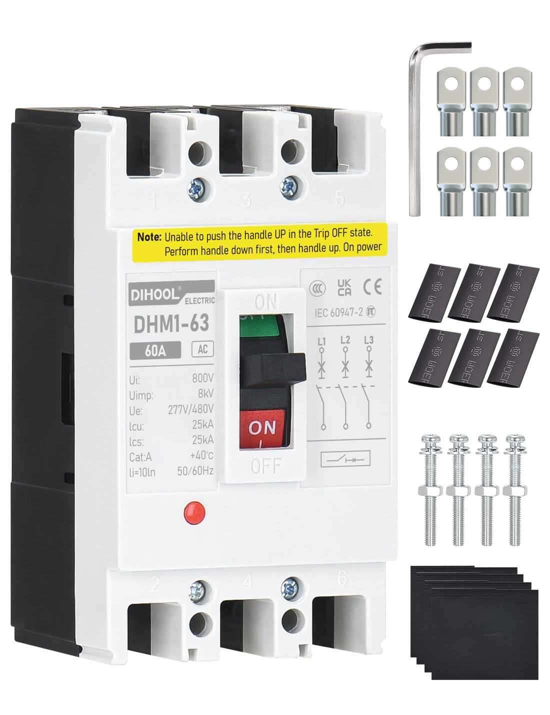 DIHOOL Industrial Miniature Circuit Breaker 3 Pole 60 Amp 277/480V AC, Thermal Magnetic Trip,AC Disconnect Switch MCB