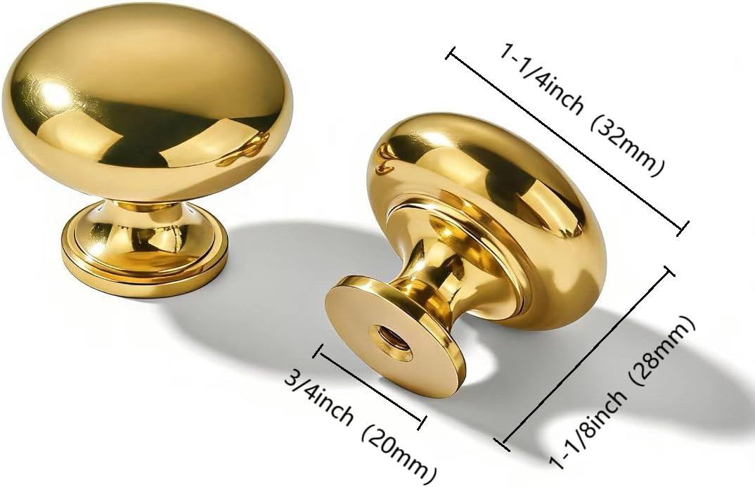 khtumeware Unlacquered Brass Zinc Alloy Vintage Retro Classic Knobs Cabinet 5 Pack 1-1/8 inch Diameter Round Knobs for Kitchen Cabinets,Bathroom Dressers and Cupboards