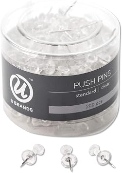 U Brands Push Pins, Plastic, 200-Count, Steel Point, Clear, for Cork Board