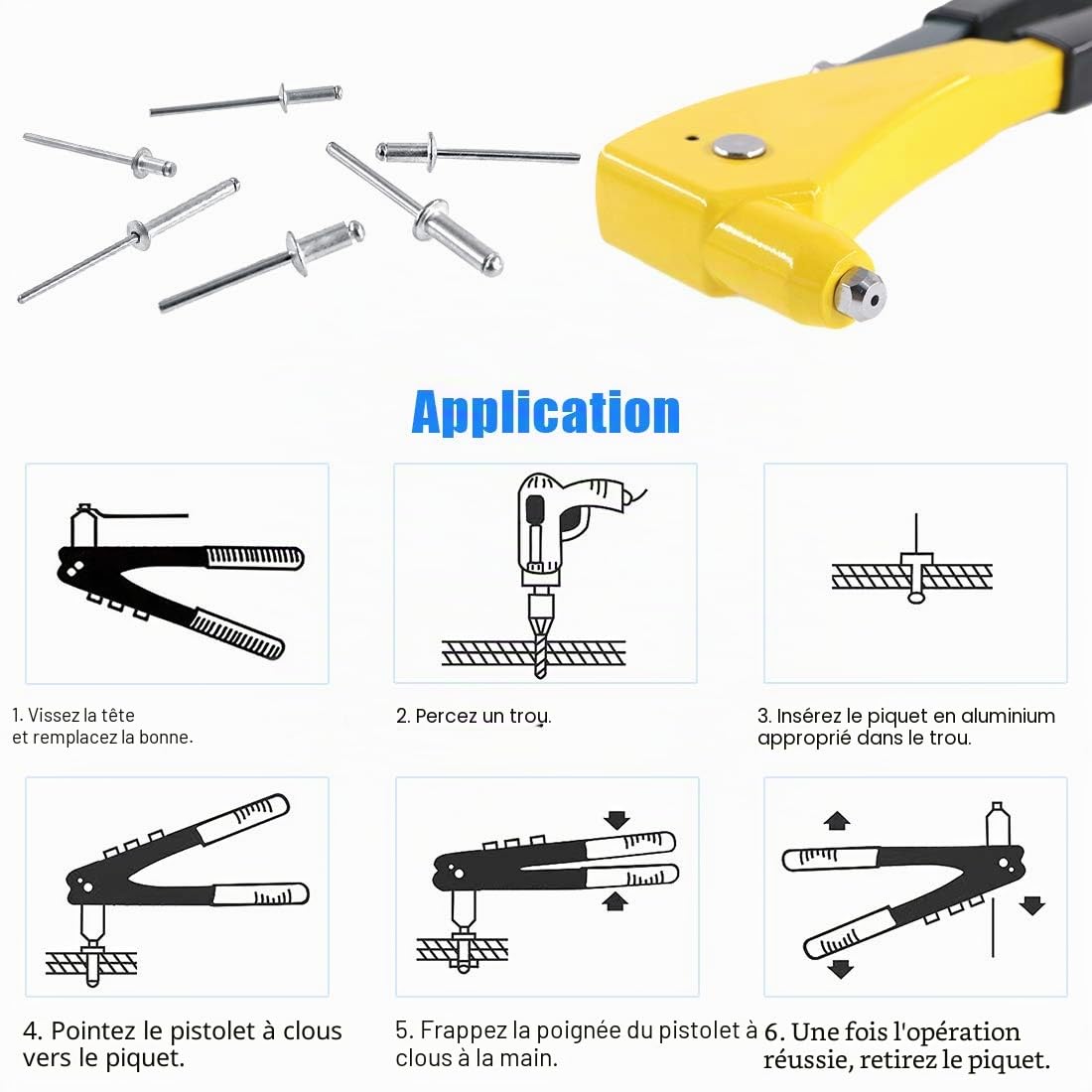 GLARKS Ensemble de riveteuses robustes, assortiment de 210 rivets aveugles en aluminium et un pistolet à rivets pop professionnel pour travaux de tôle, automobile, ferroviaire et conduit (pistolet à