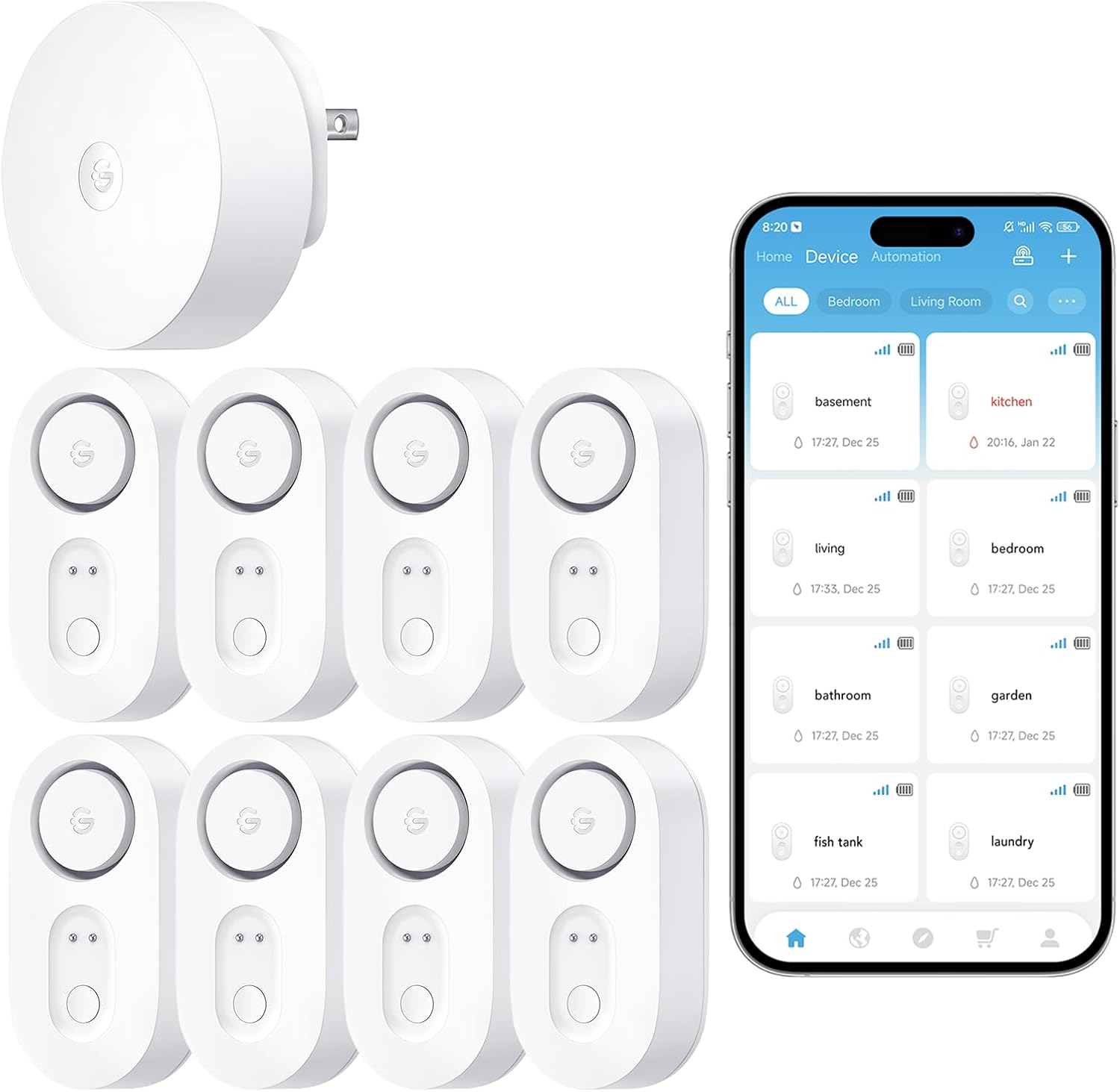 GoveeLife WiFi Water Leak Detector for Home Bundle with sub-Device with 105dB Adjustable Alarm,Water Sensor with 1804ft Long Monitoring Rang