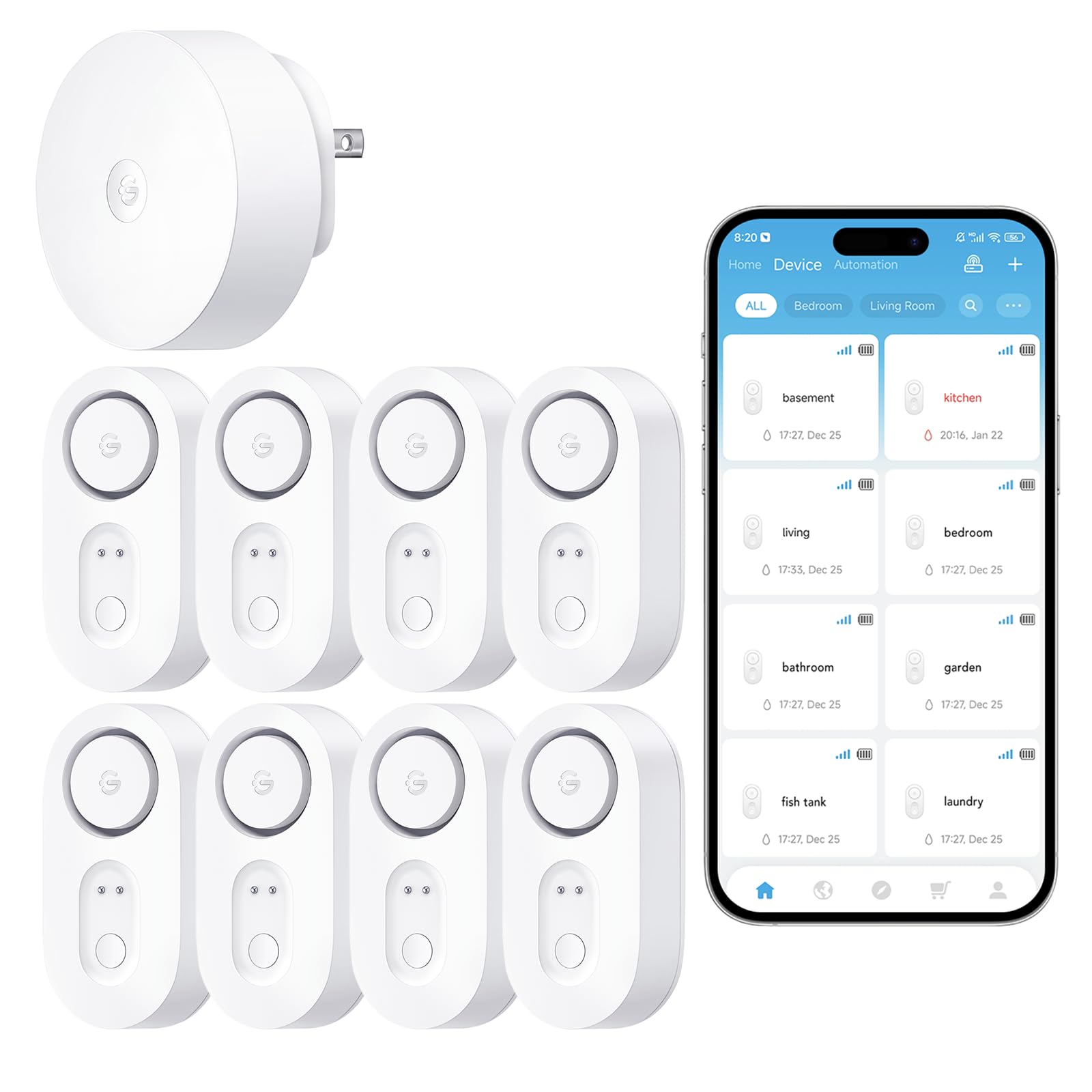 GoveeLife WiFi Water Leak Detector for Home Bundle with sub-Device with 105dB Adjustable Alarm,Water Sensor with 1804ft Long Monitoring Rang