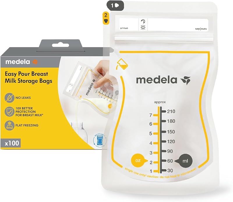 Medela Bolsas de almacenamiento de leche materna Easy Pour, 100 unidades, 7 oz/210 ml | A prueba de fugas, boquilla fácil de verter con una sola mano, sin derrames, protección de la leche materna, desinfectado, congelación rápida, bolsas sin BPA