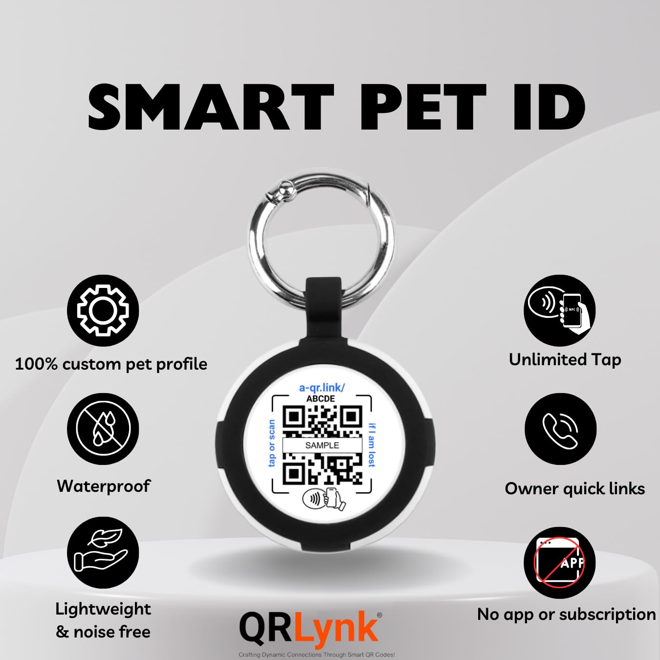 Smart NFC Pet ID - QR Code Airtag Holder Ring - Silent Tag Collar - Waterproof, Lightweight Ideal for Dogs & Cats - Instant Access to Custom Profile (Black)