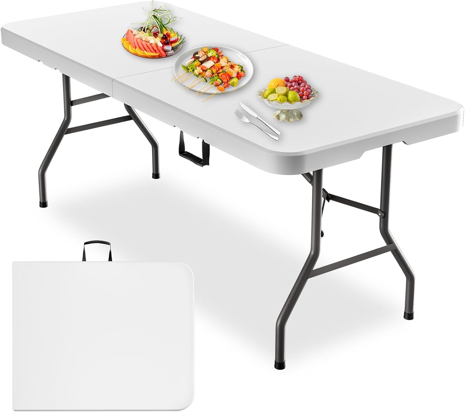MEI&CO 6ft Heavy-Duty Outdoor Folding Table for 6 - Sturdy HDPE Top, 350lbs Capacity, Foldable Lockable Design, No Assembly - Camping Parties Picnics (White)