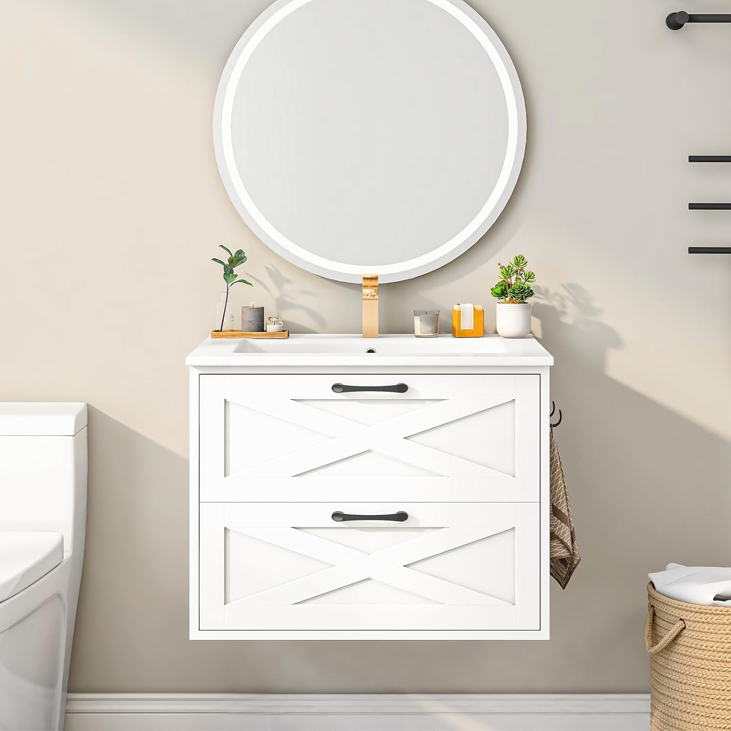 Vabches 24 Inch Bathroom Vanity with Sink, Wall Mounted Vanity with 2 Storage Darwers, Floating Bathroom Vanity with Storage, Bathroom Floating Vanity with Towel Hook, White