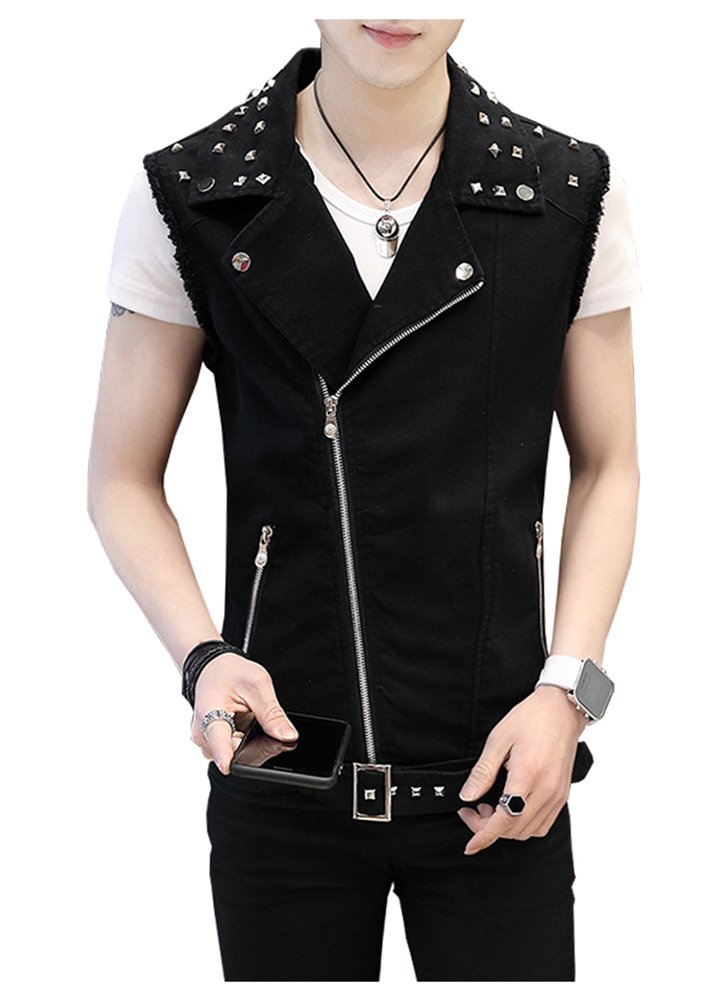Men's Sleeveless Lapel Punk Zipper Denim Jean Vests Jacket With Rivets