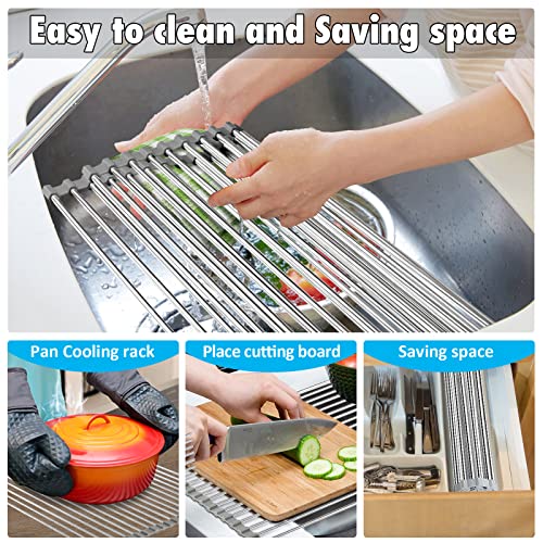 Josmiebo Roll-Up Dish Drying Rack,Multipurpose Stainless Steel The Sink Drainer Rack, Sink Drain Rack,Kitchen Portable Dish Rack (Round) 17.75" X 13.75" #TOP6