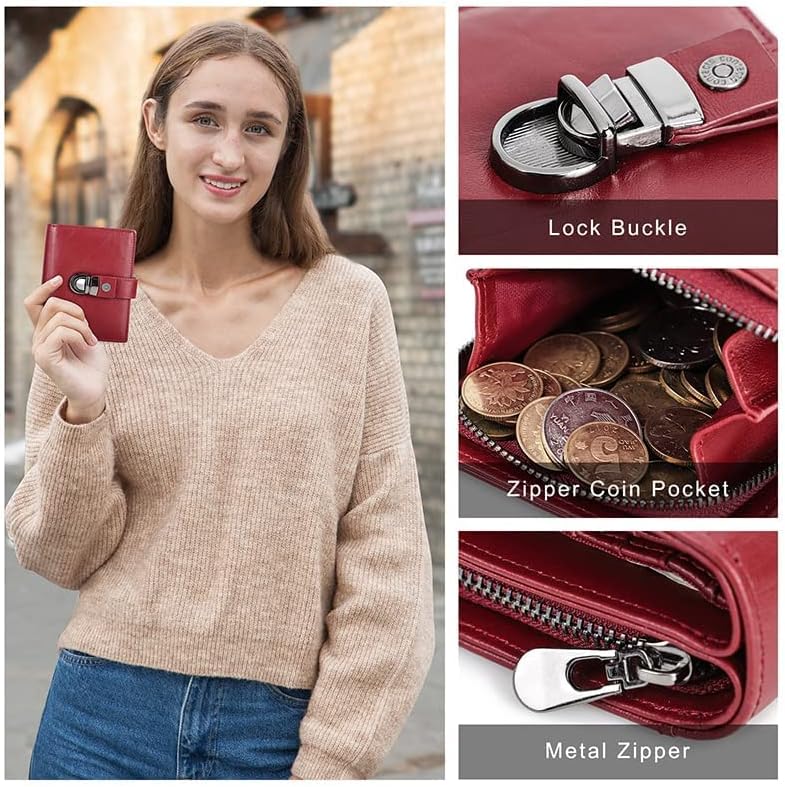 LIOONS Minimalist Wallet Leather Women's Wallet with RFID Short Purse Clutch Women's Girls Lock Buckle Bi-fold Zipper Coin Pocket Multi Card Holder Card Holder