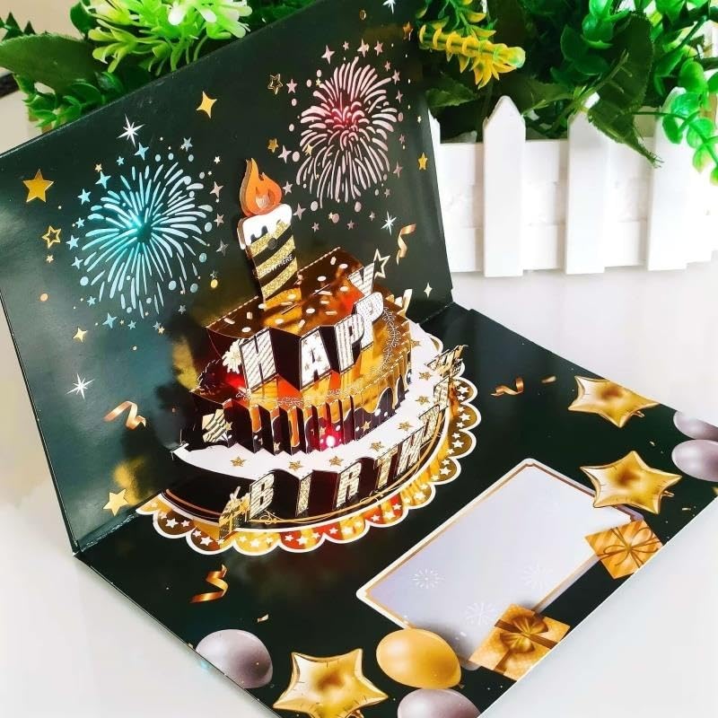 Carte de joyeux anniversaire gâteau pop-up 3D feu d'artifice