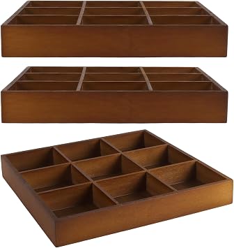 3 PCS Divided Wooden Trays Square 9 Compartment Bamboo Serving Storage Tray | YUENPUN Walnut Color Section Plate, Multi-purpose Organizer, for Restaurant Home Office Kitchen Jewelry Craft