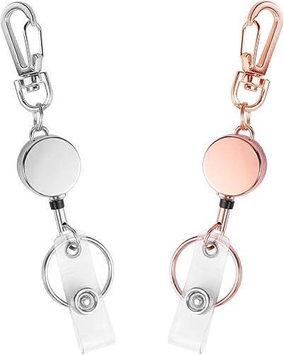 Miniatura 10 de Paquete de 2 llaveros retráctiles plateados brillantes, soporte retráctil para insignias, carrete retráctil para tarjetas de identificación, llave