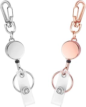 2 Pack Retractable Keychain, Carabiner Badge Holder with Retractable Cord Key Ring Id Strap, Small ID Badge Reel for Nurse,Volunteer,Teacher,Student,Woker Silver,Rose Gold