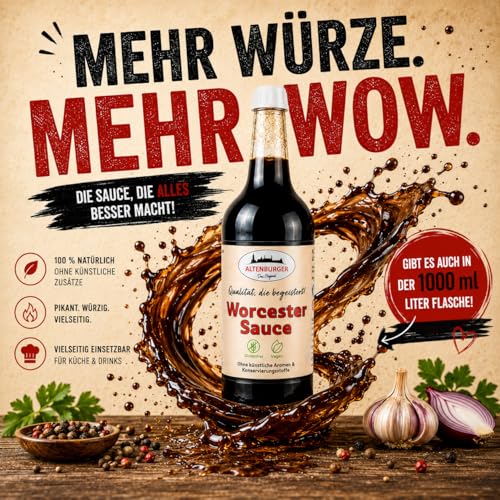 Altenburger Original Worcester Sauce, 1l (1000ml) in der Glasflasche, Worcestershire Sauce glutenfrei, laktosefrei, vegan, ohne Zusatz von Aromen