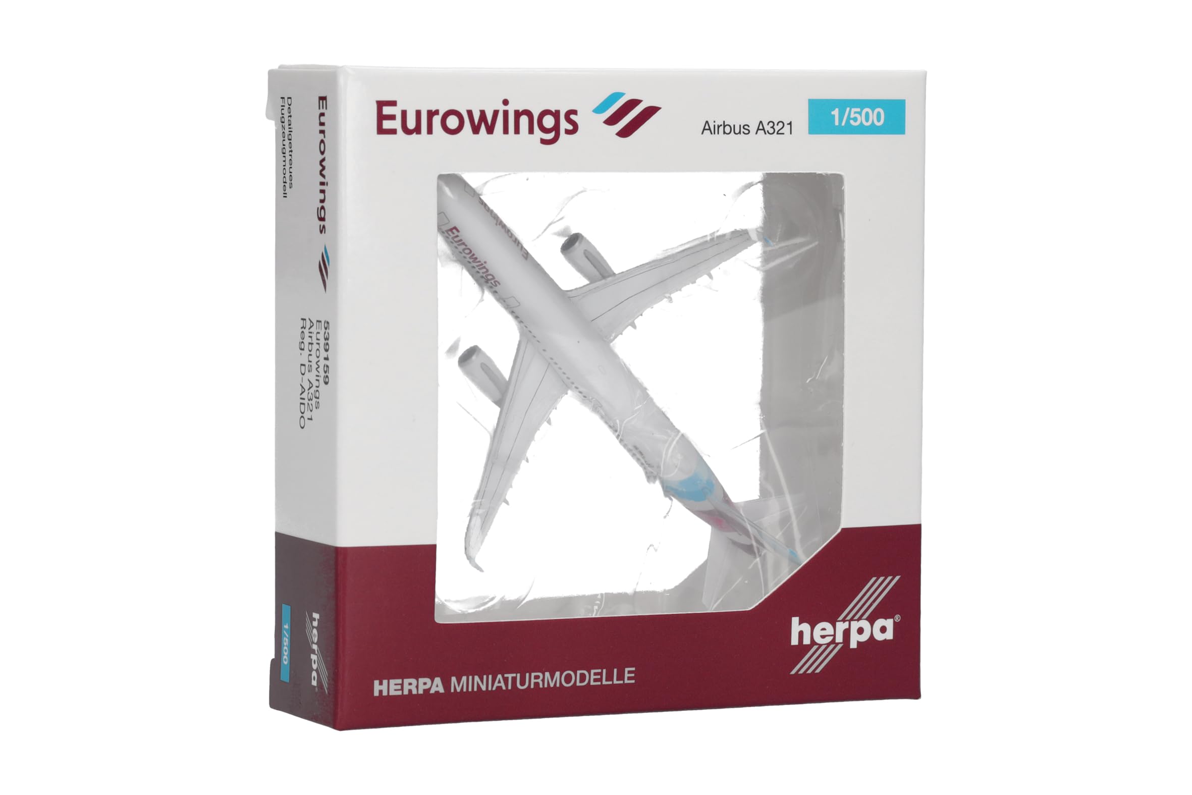 Herpa Modellflugzeug Eurowings Airbus A321-200, Miniatur im Maßstab 1:500, Sammlerstück, Flugzeug Modell ohne Standfuß, Metall