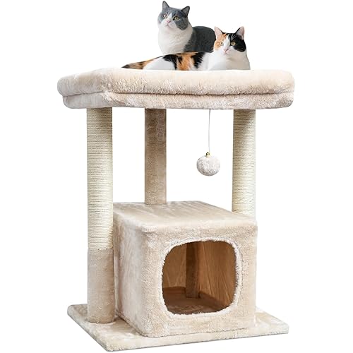 SYANDLVY 27" Cat Tree for Indoor Cats, Activity Tower with Scratching Posts, Modern Kitten Condo with Plush Perch & Hanging Ball for Play, Beige