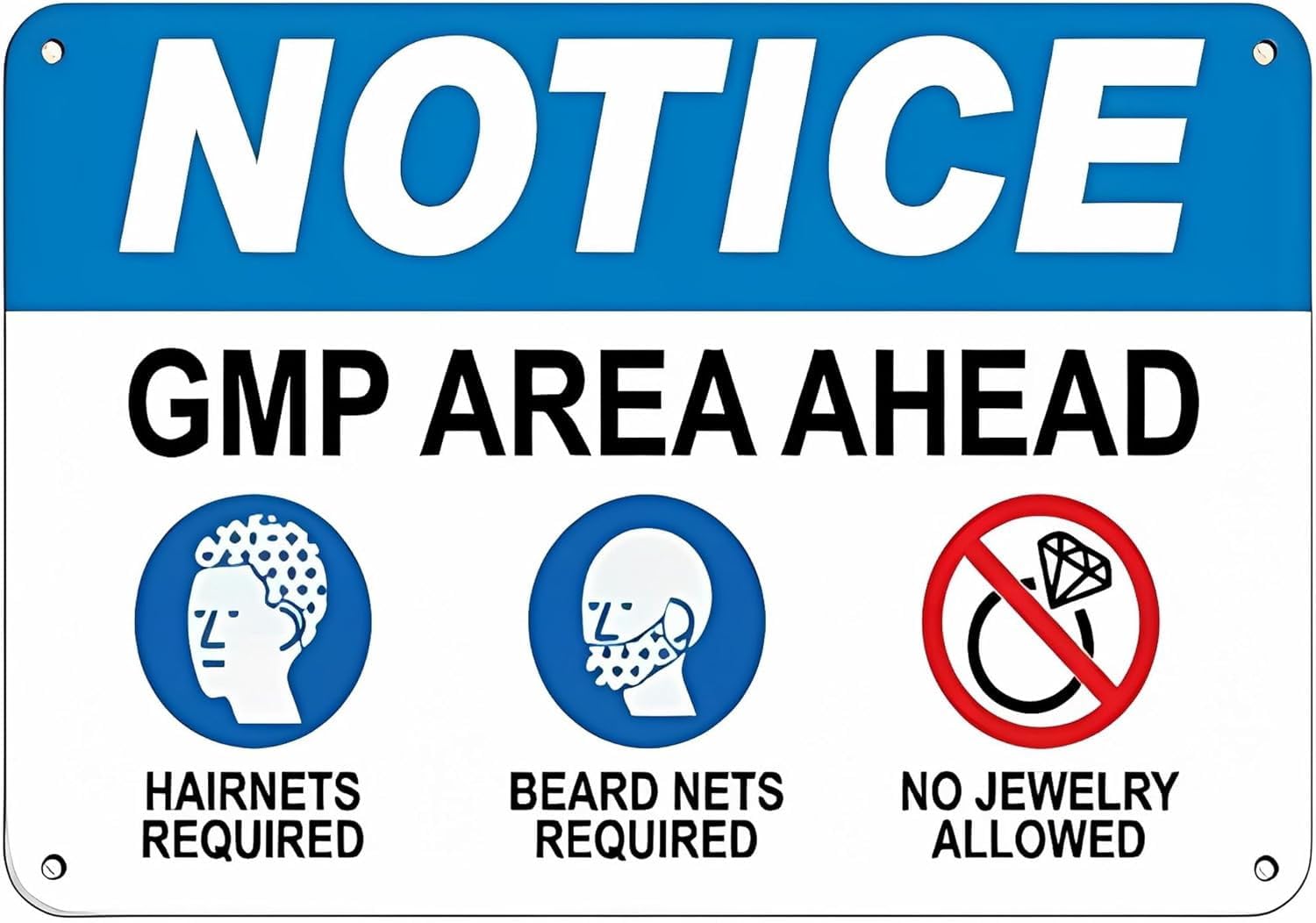 (2-Pack) Metal Tin Sign Warning Sign - Notice Gmp Area Ahead Hairnets Beard Nets No Jewelry, 8"x12" Sign, Business Hygiene Sign, Food Safety Alert