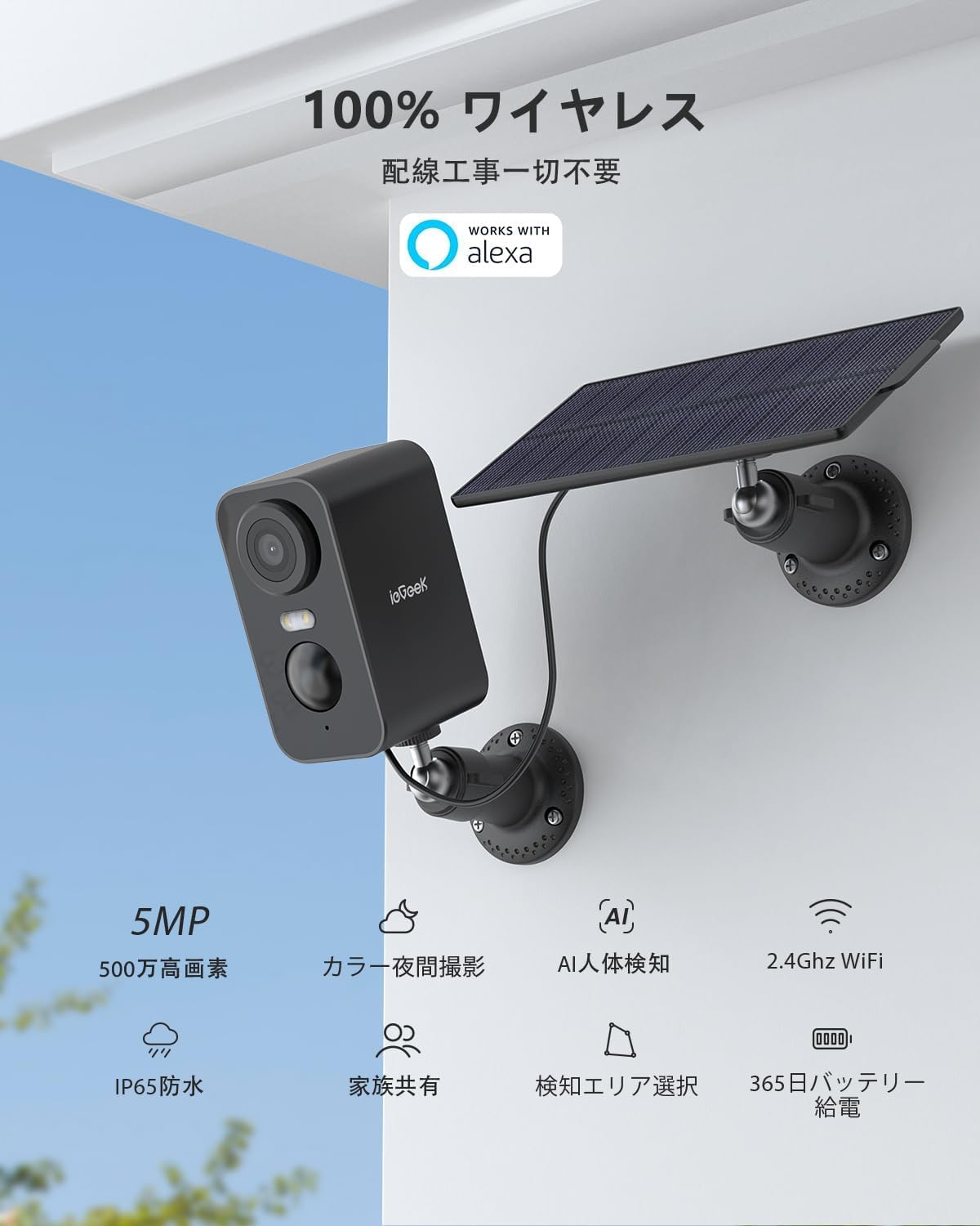 ieGeek ZY-C1 camera with solar panel mounted on a wall