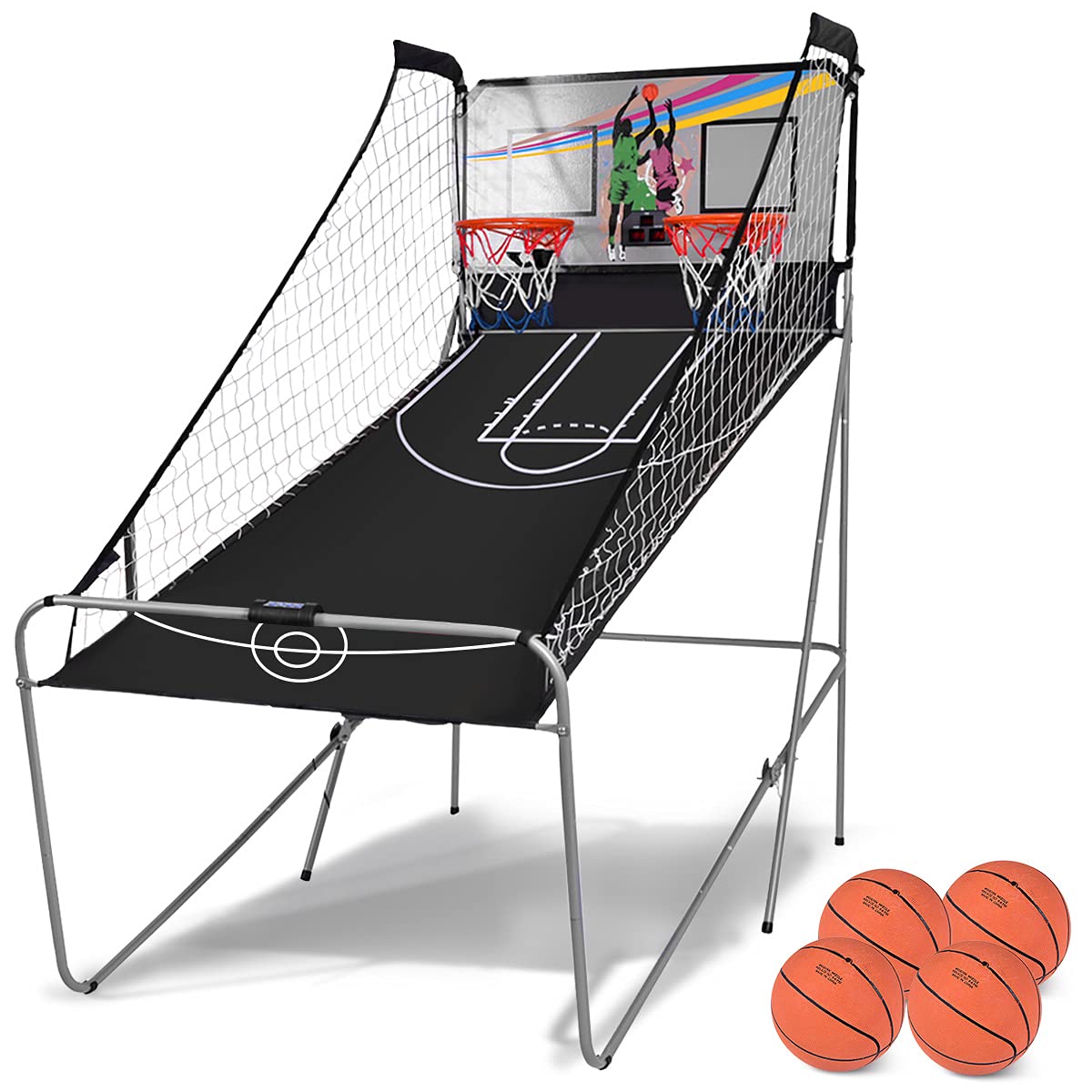 RELAX4LIFE Basketballständer Doppelschuss, Basketball Automat klappbar, Basketball-Arcade-Spiel 8 Spieloptionen für 2 Spieler, Schießmaschine mit 4 Bällen & Pumpe, Elektronische Bewertung mit LED