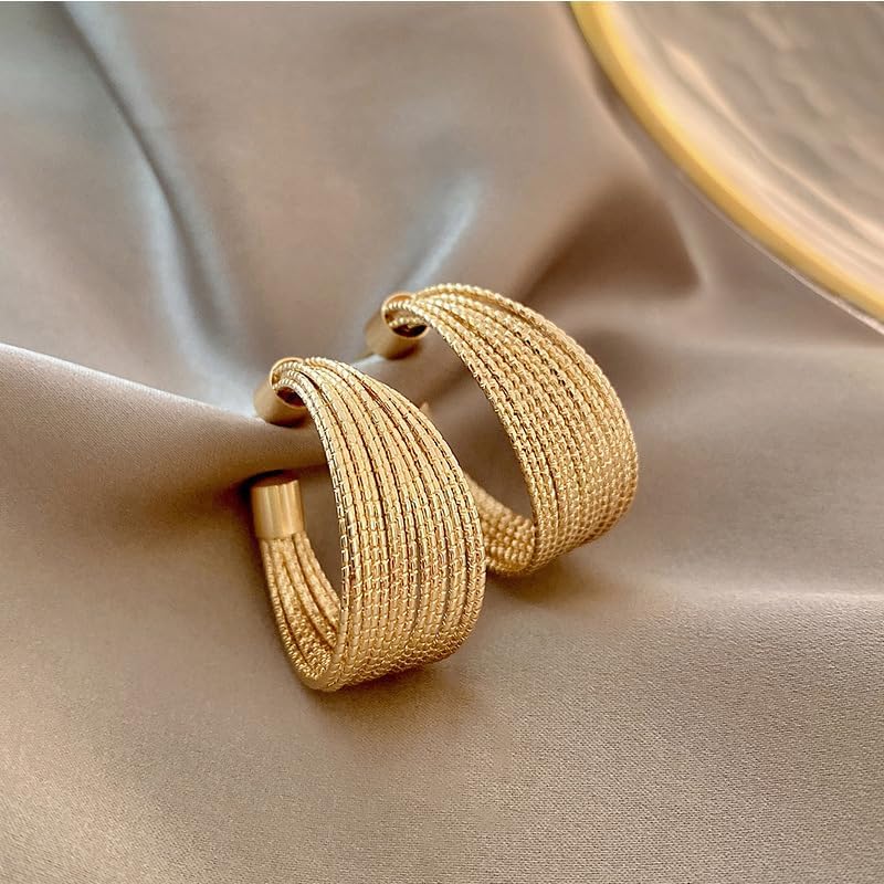 18K Gold Plated Textured Hoop Earrings for Women – Bold Open C-Shaped Statement Earrings, Lightweight & Hypoallergenic - Image 4