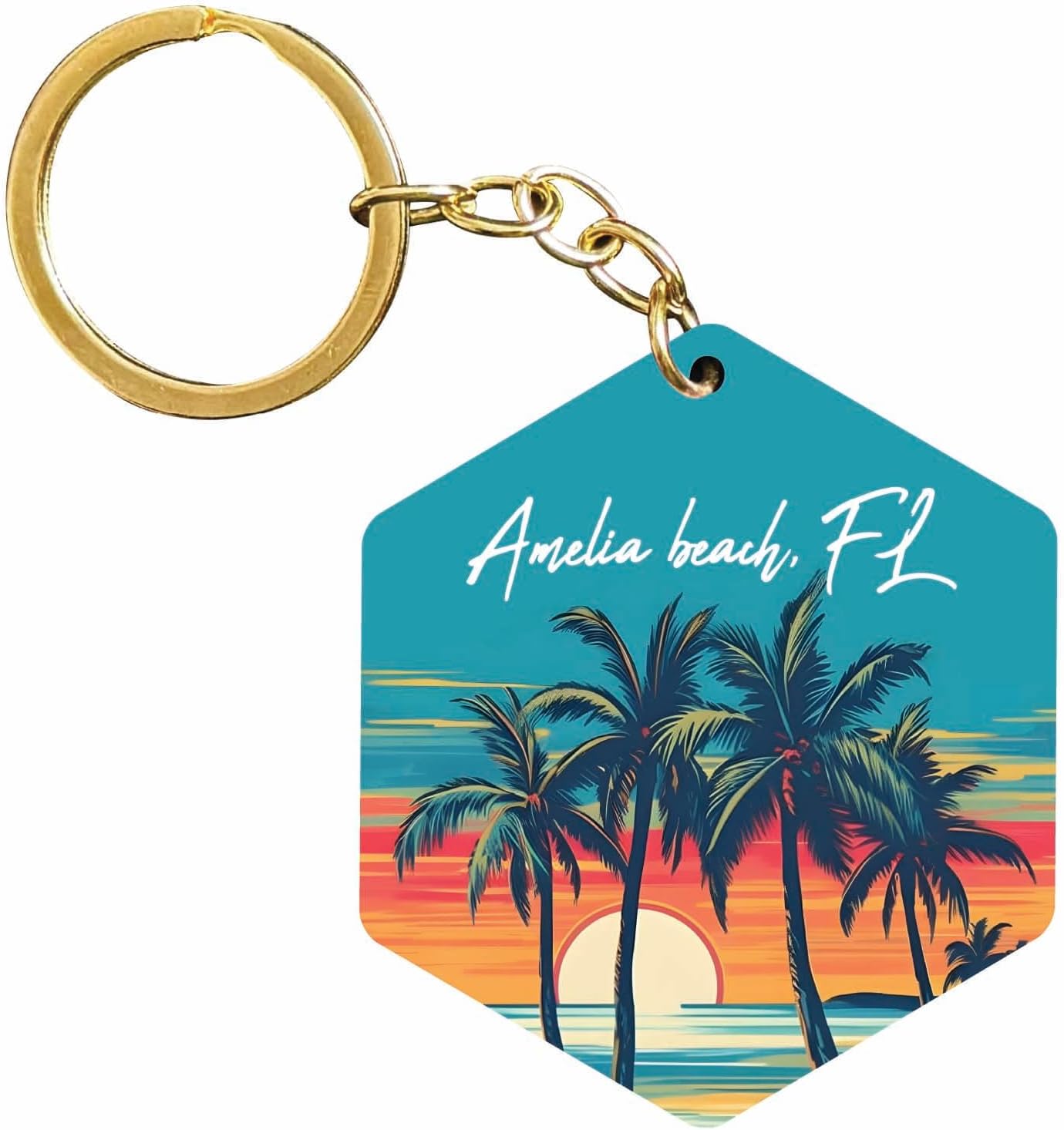 R and R ImportsAmelia Beach Florida Souvenir Hexagon Wooden Keychain Watercolor Beach Design