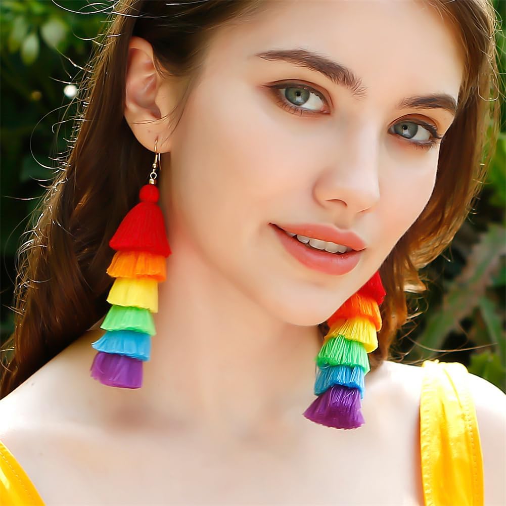 Rainbow Layered Boho Tassel Dangle Drop Earrings for Women Men Long Lightweight Fringe Dangling Colorful Earring Jewelry image 4